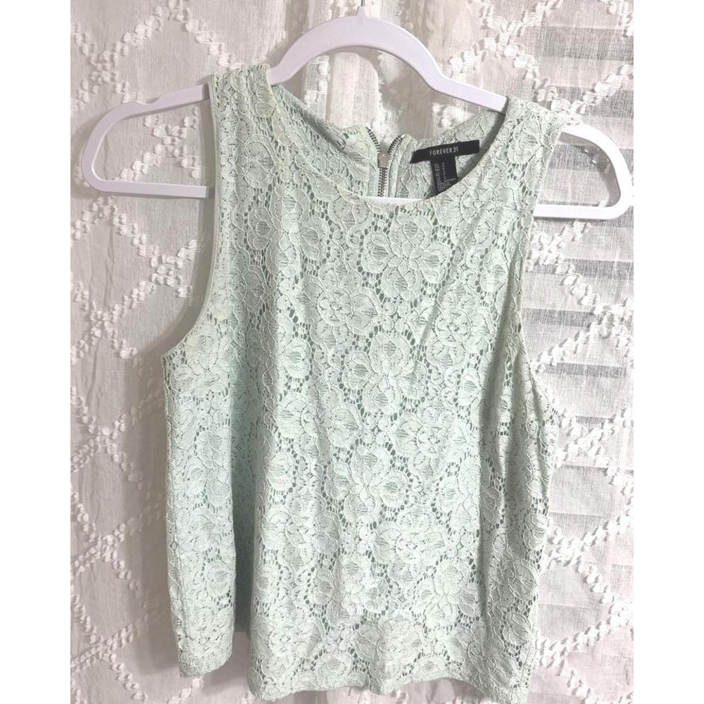 Forever 21 Mint Green Floral Lace Sleeveless Crop Top Tank Back Zipper Size M